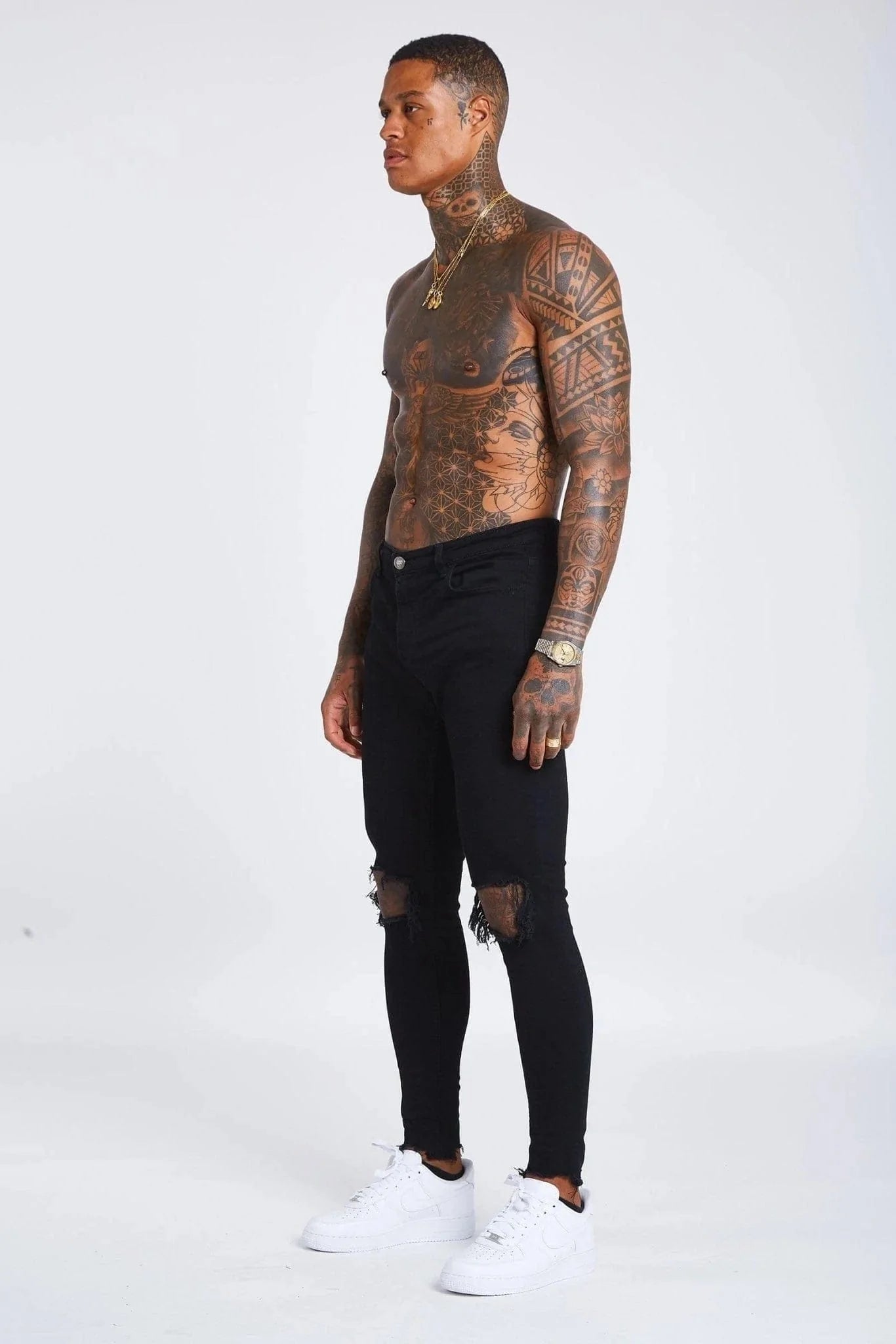 SKINNY FIT KOT PANTOLON YIRTIK - SİYAH