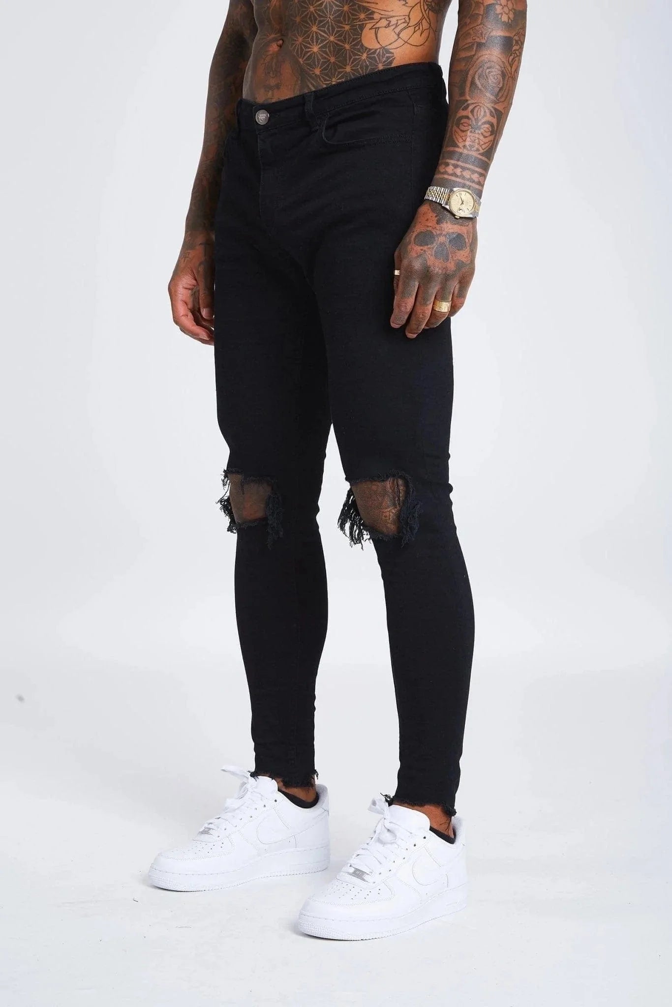 SKINNY FIT KOT PANTOLON YIRTIK - SİYAH