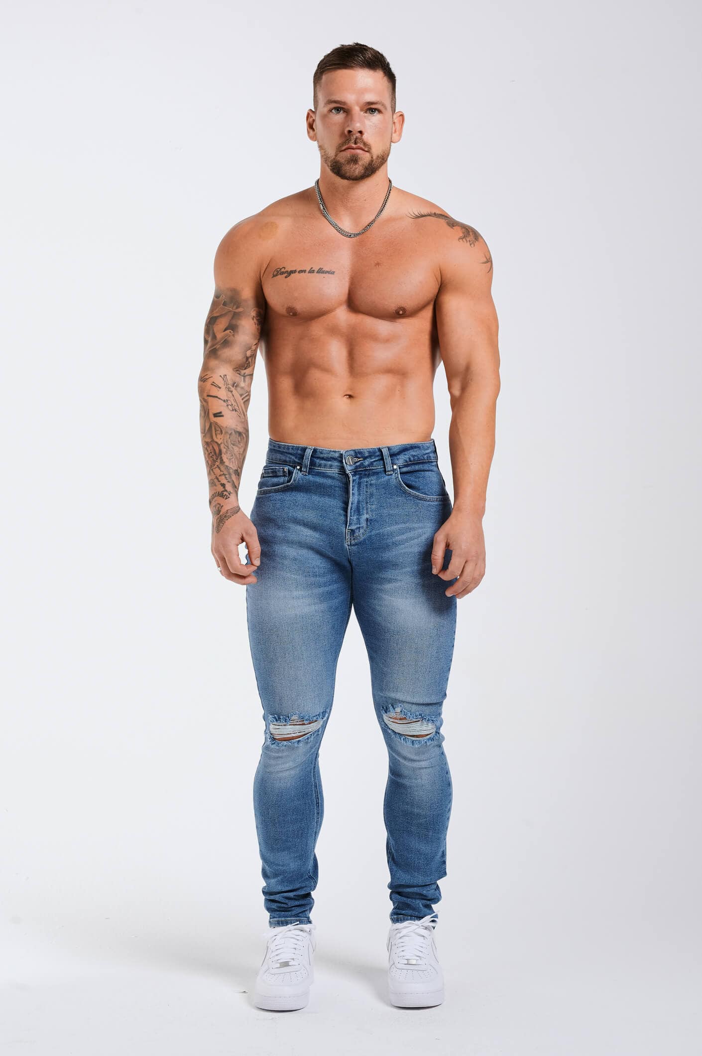 SLIM FIT KOT PANTOLON 2.0 YIRTIK - MAVİ YIKAMALI