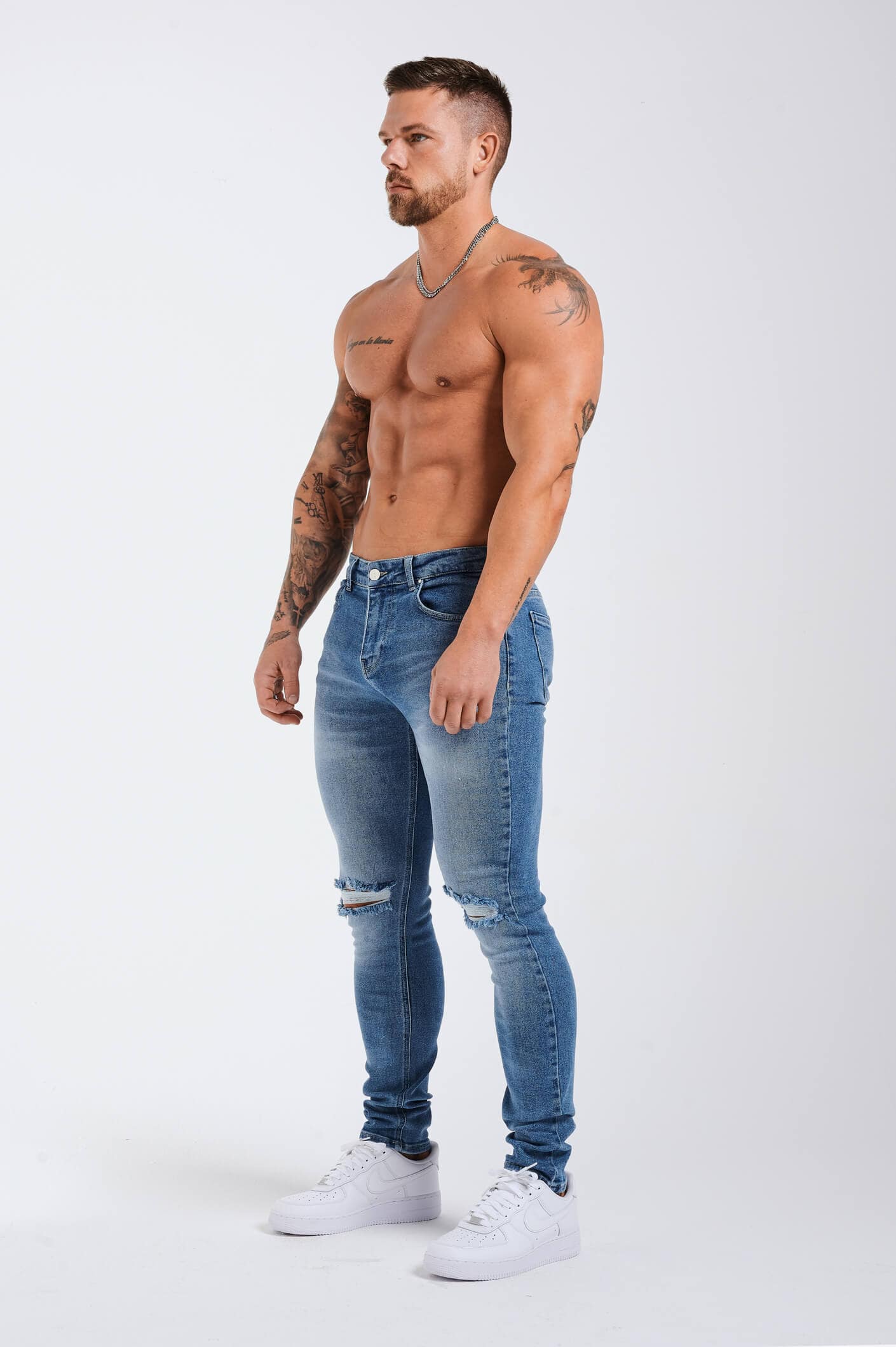SLIM FIT KOT PANTOLON 2.0 YIRTIK - MAVİ YIKAMALI