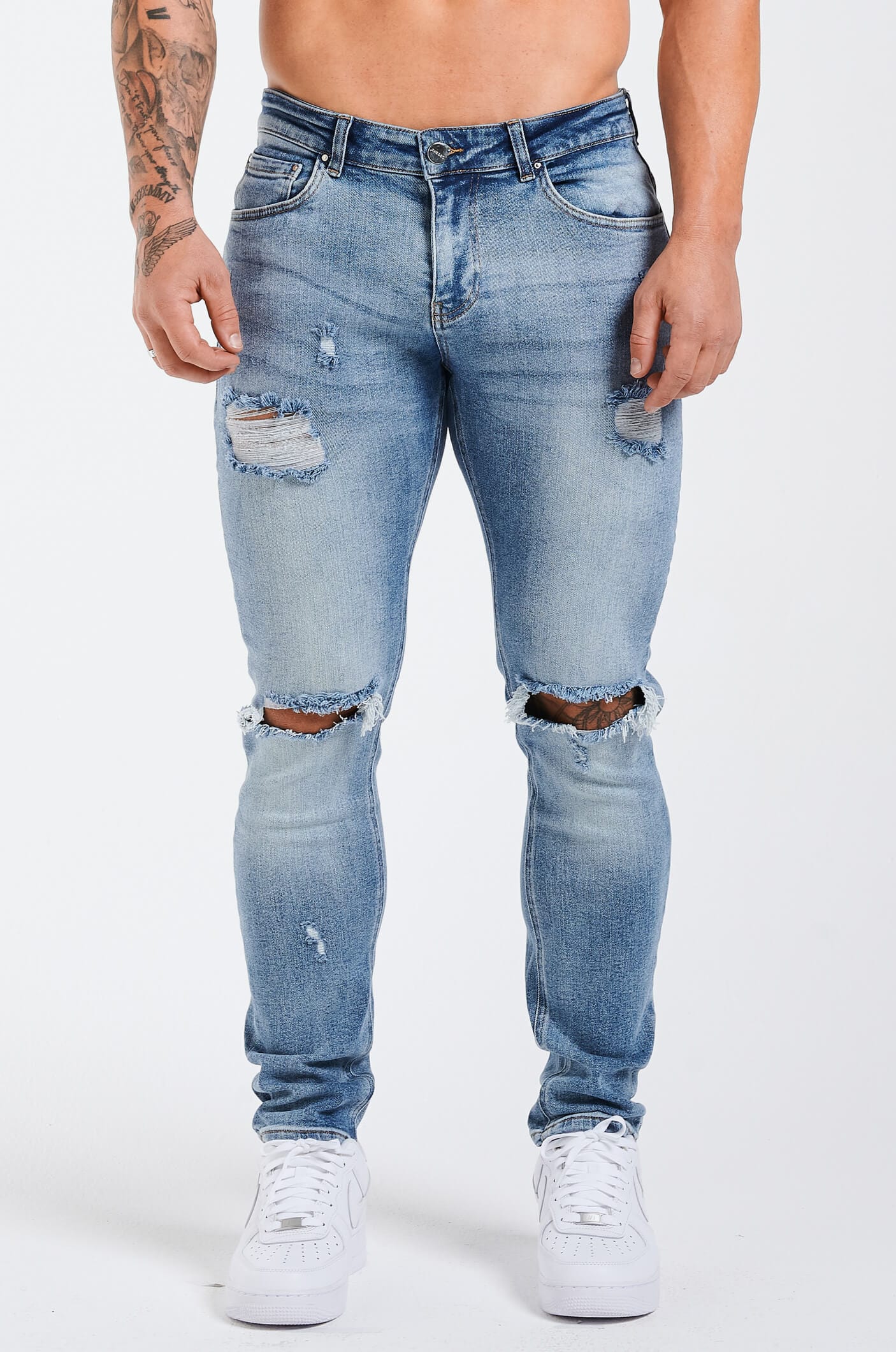 SKINNY FİT 2.0 YIRTIK VE ONARILMIŞ JEAN - ORTA MAVİ