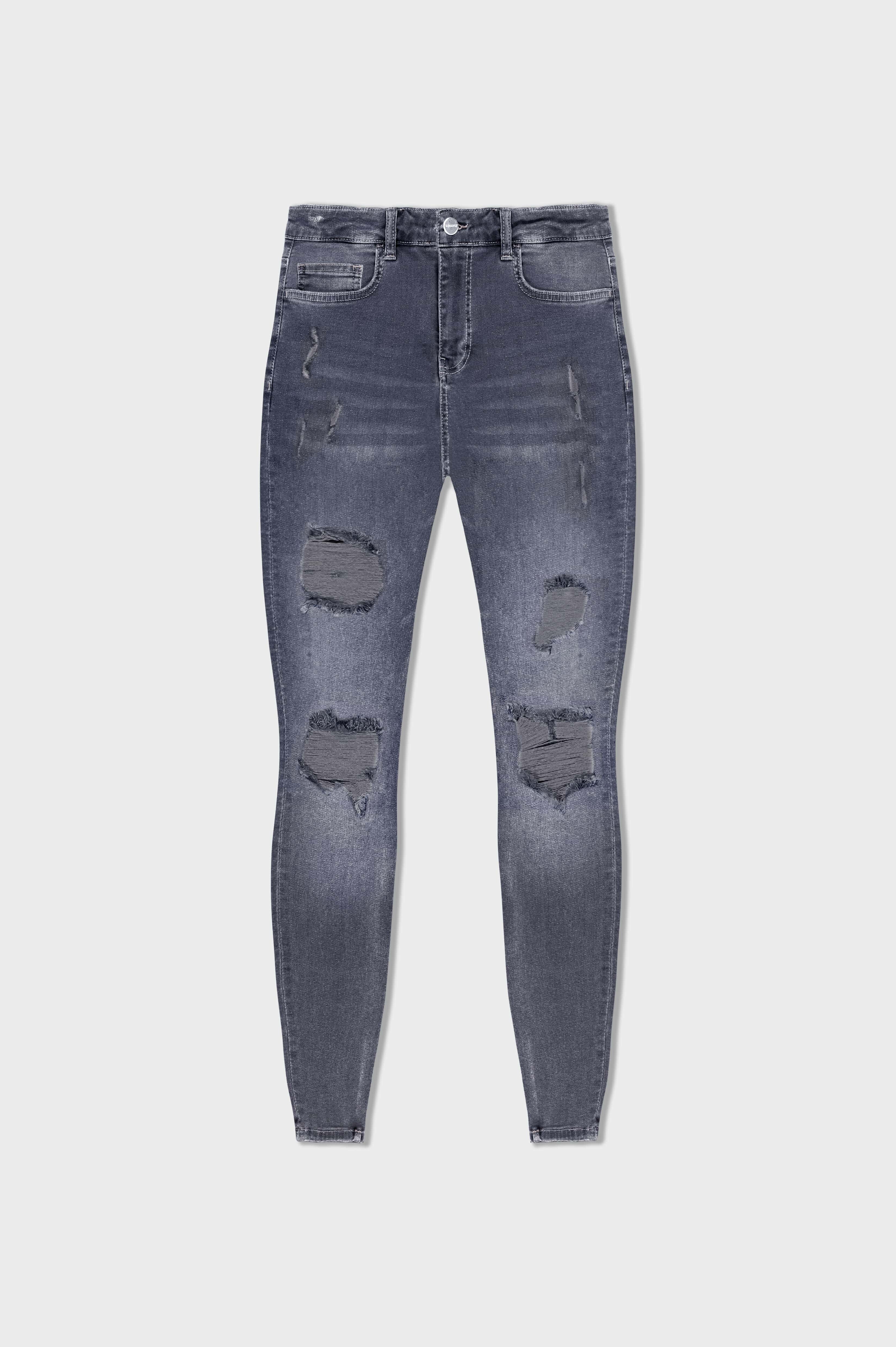 SKINNY FİT YIRTIK VE ONARILMIŞ JEAN - AÇIK GRİ