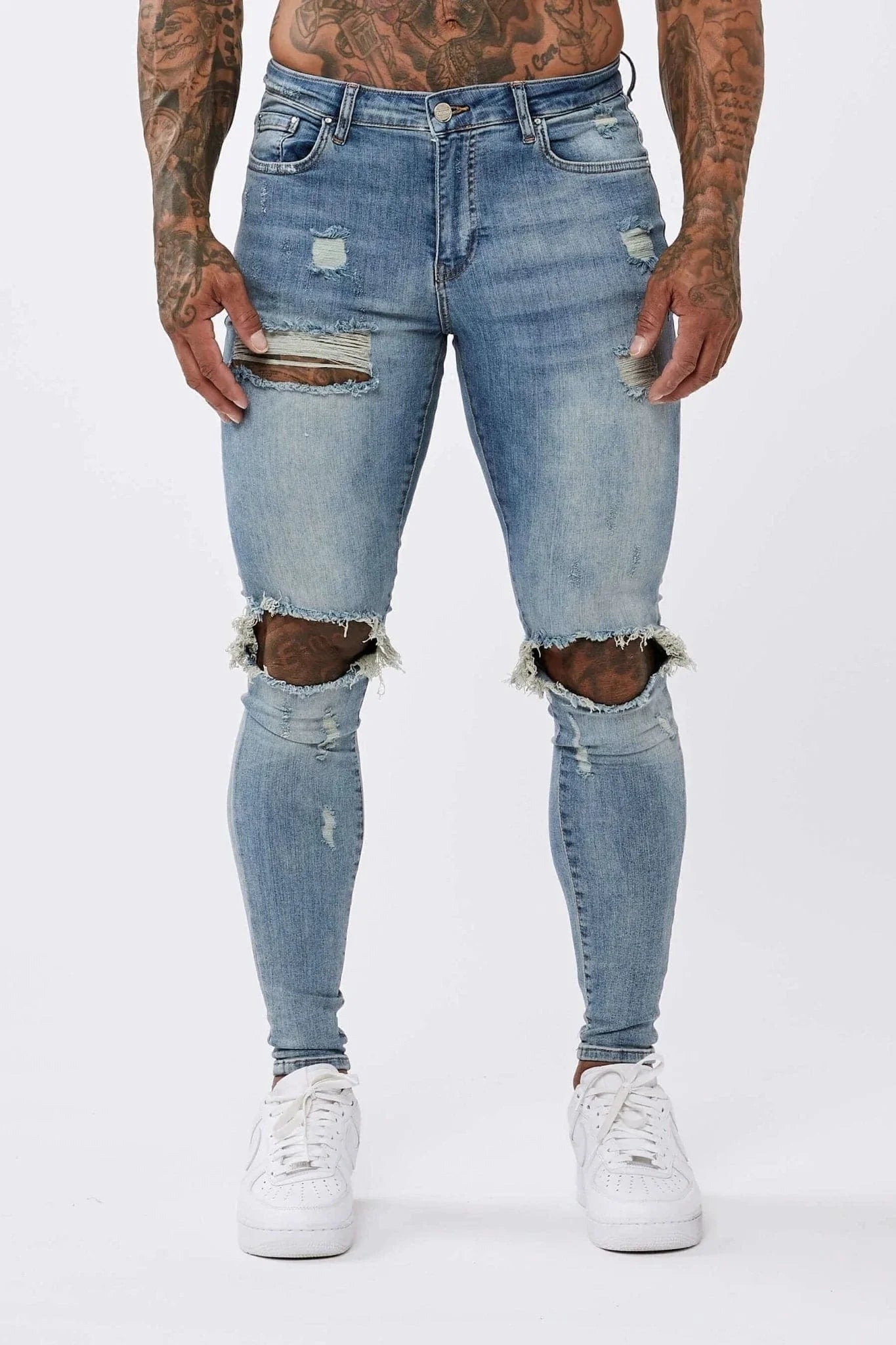SKINNY FİT YIRTIK VE ONARILMIŞ JEAN - YIKANMIŞ KOYU MAVİ
