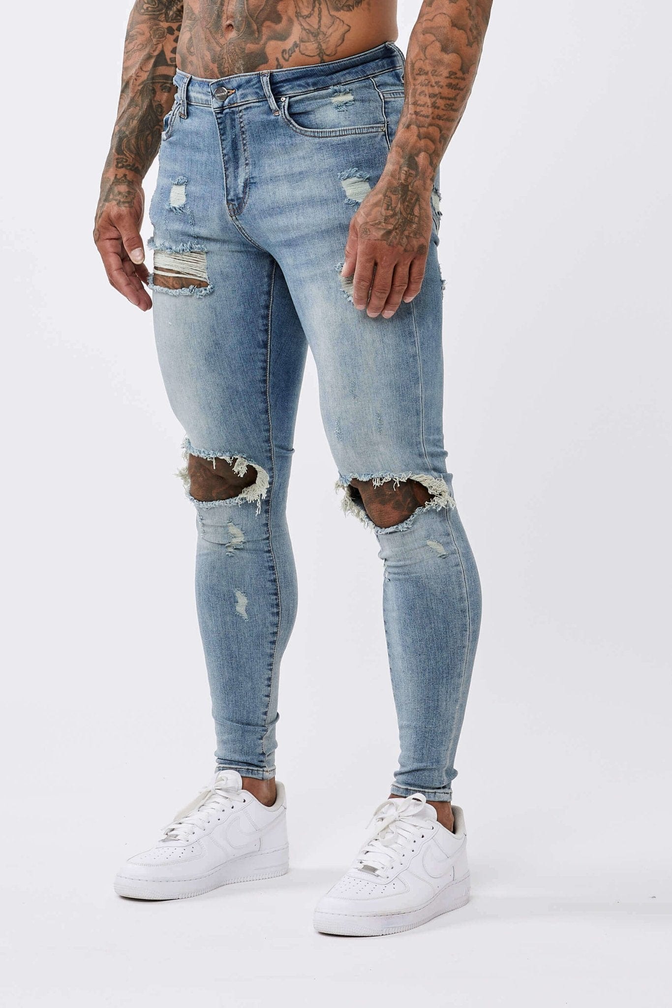 SKINNY FİT YIRTIK VE ONARILMIŞ JEAN - YIKANMIŞ KOYU MAVİ