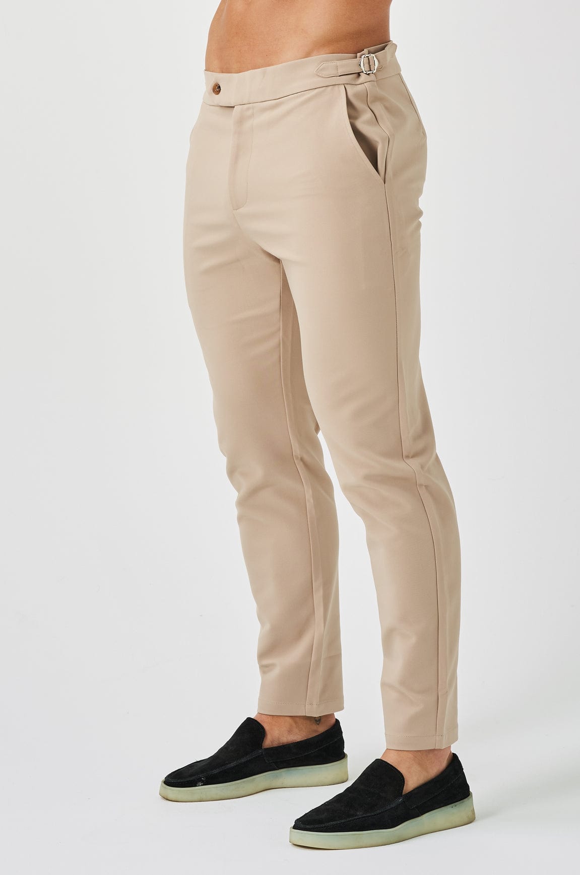 SLIM KESİM DÜZGÜN ESNEK PANTOLON YAN BÜZGÜLÜ - BEJ