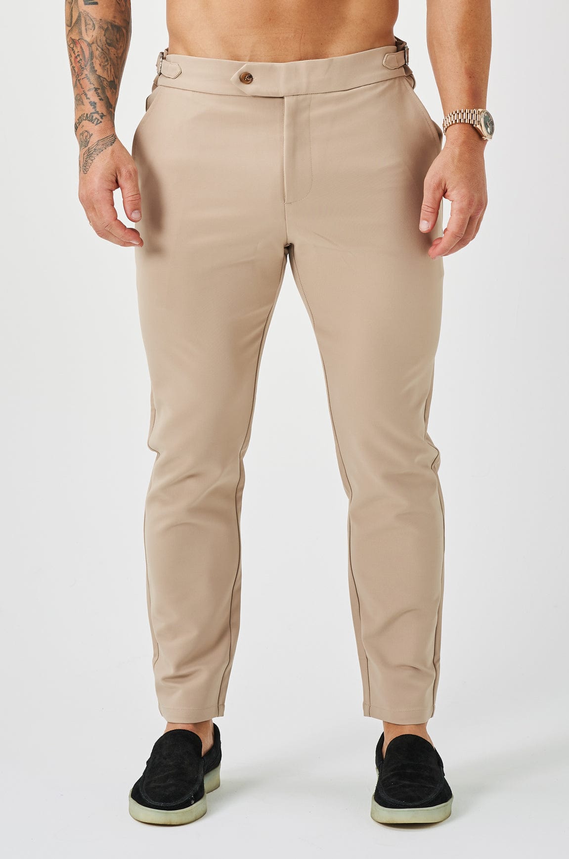 SLIM KESİM DÜZGÜN ESNEK PANTOLON YAN BÜZGÜLÜ - BEJ