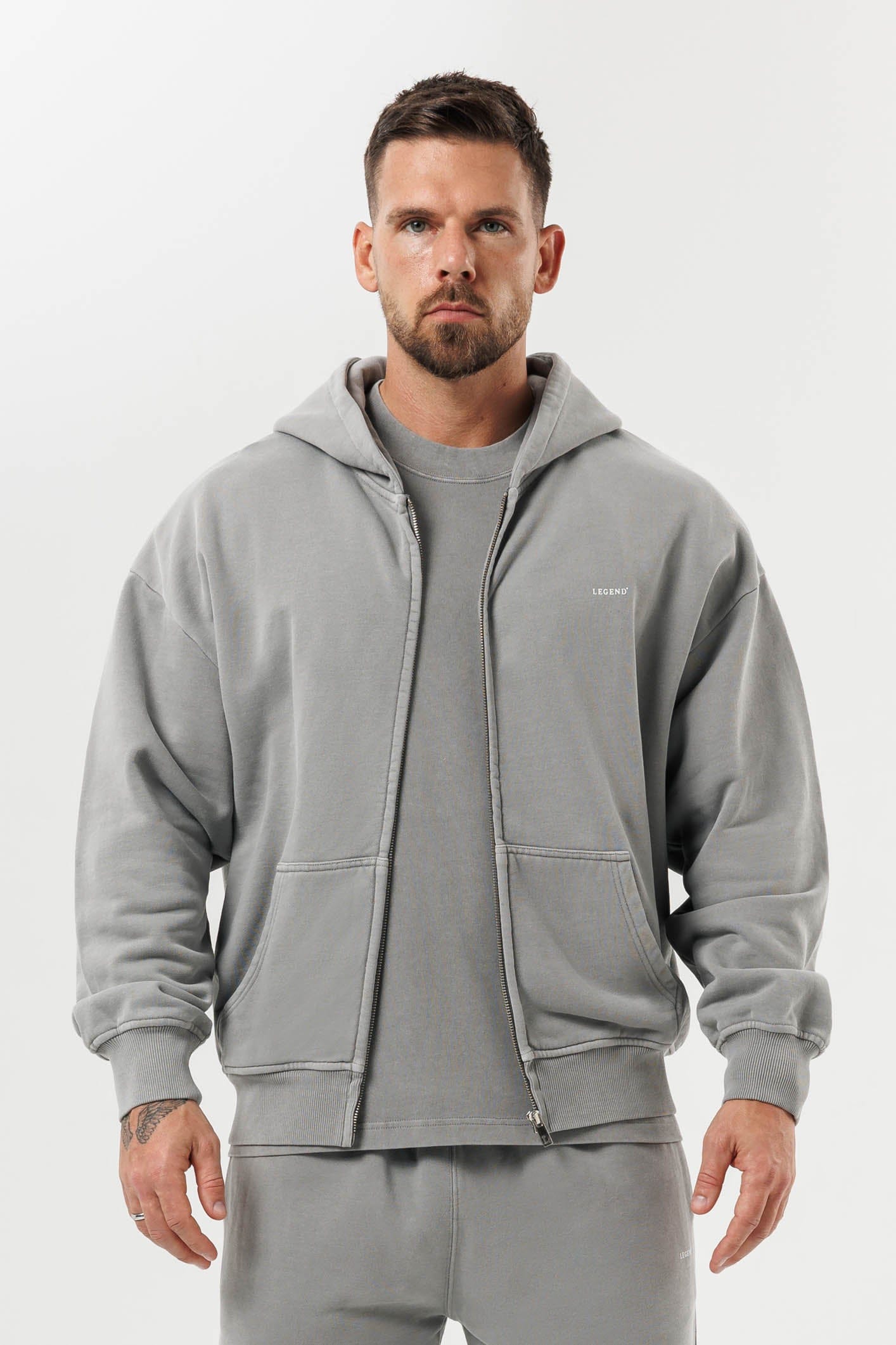 FERMUARLI HOODIE - YIKANMIŞ GRİ