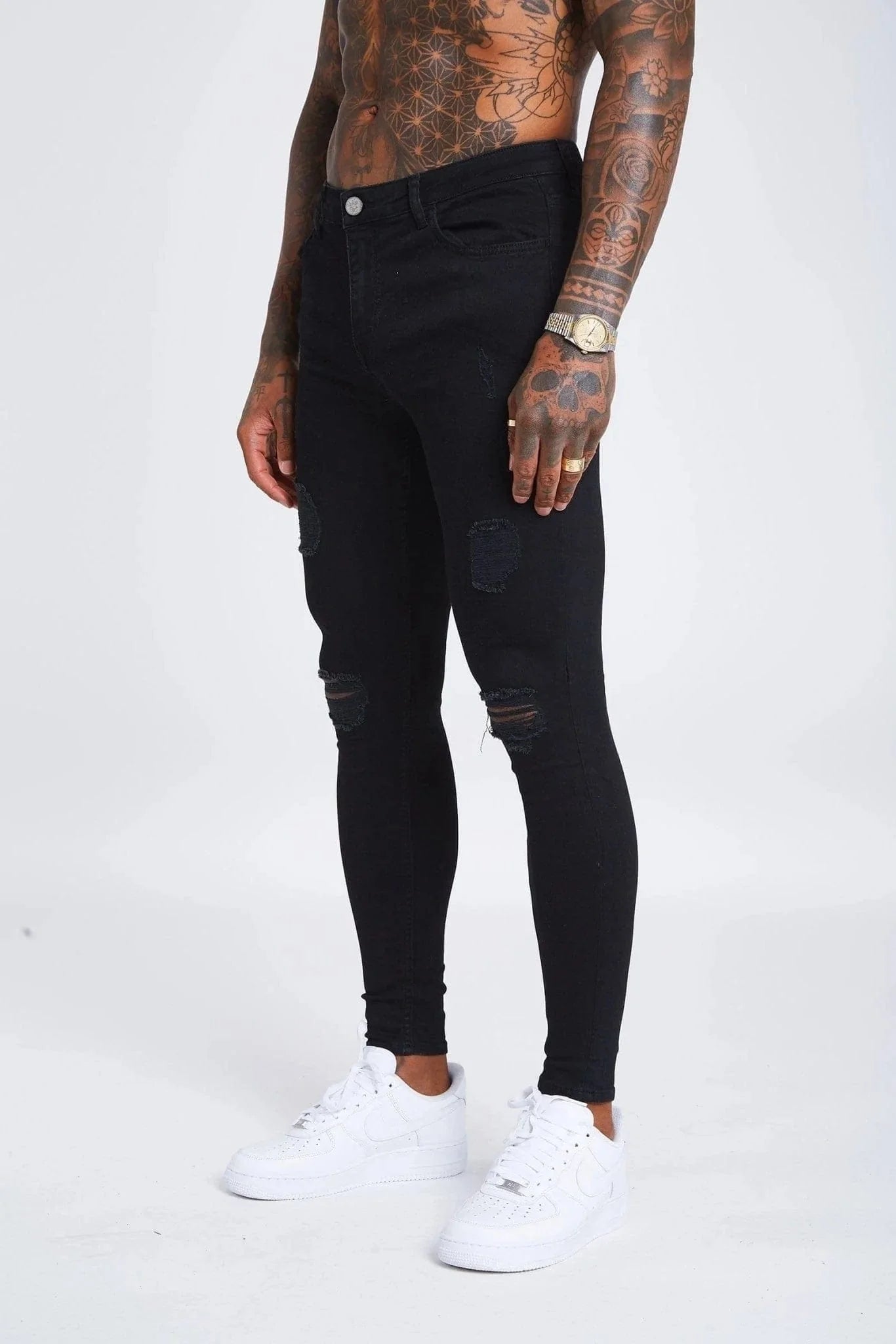 SKINNY FİT YIRTIK VE ONARILMIŞ JEAN - SİYAH