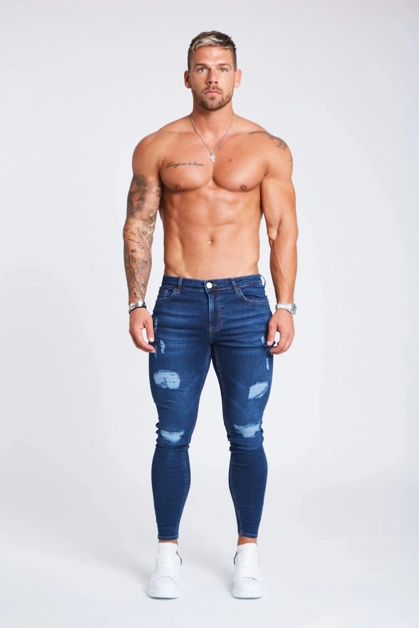 SKINNY FİT YIRTIK VE ONARILMIŞ JEAN  - KOYU MAVİ