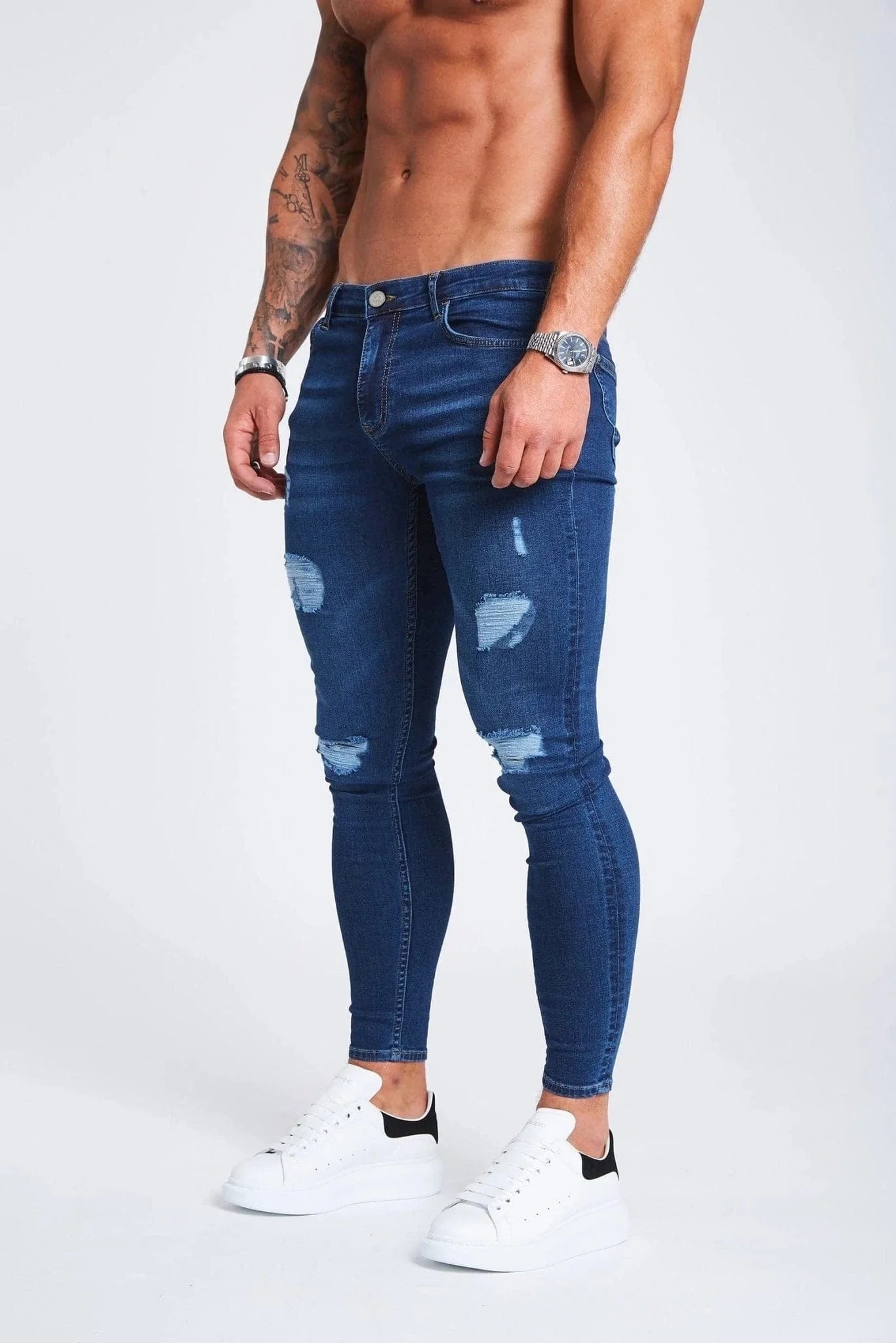 SKINNY FİT YIRTIK VE ONARILMIŞ JEAN  - KOYU MAVİ