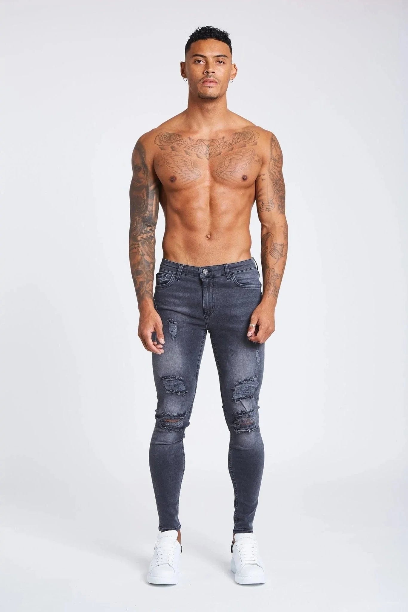 SKINNY FİT YIRTIK VE ONARILMIŞ JEAN  - AÇIK GRİ