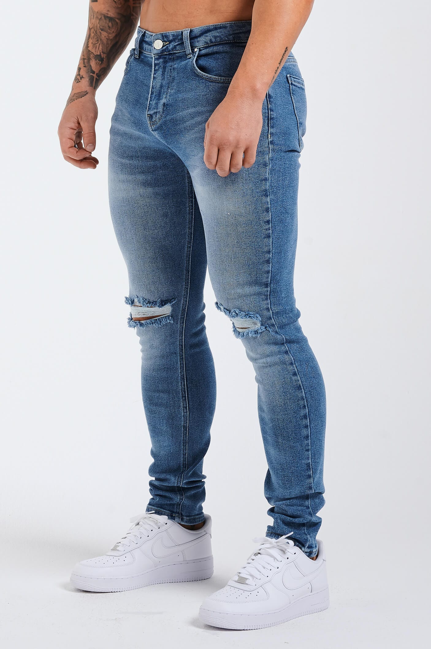 SLIM FIT KOT PANTOLON 2.0 YIRTIK - MAVİ YIKAMALI