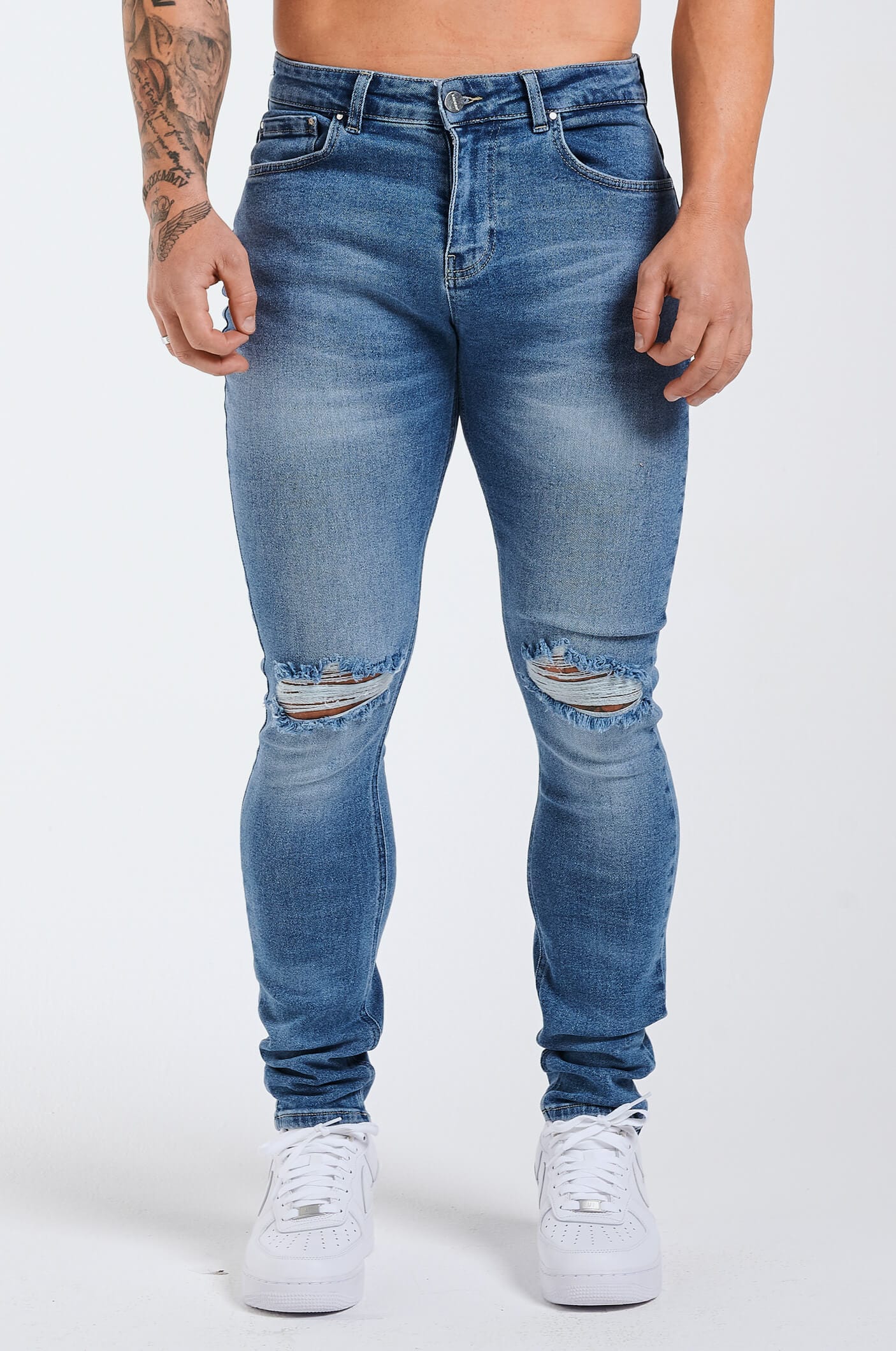 SLIM FIT KOT PANTOLON 2.0 YIRTIK - MAVİ YIKAMALI