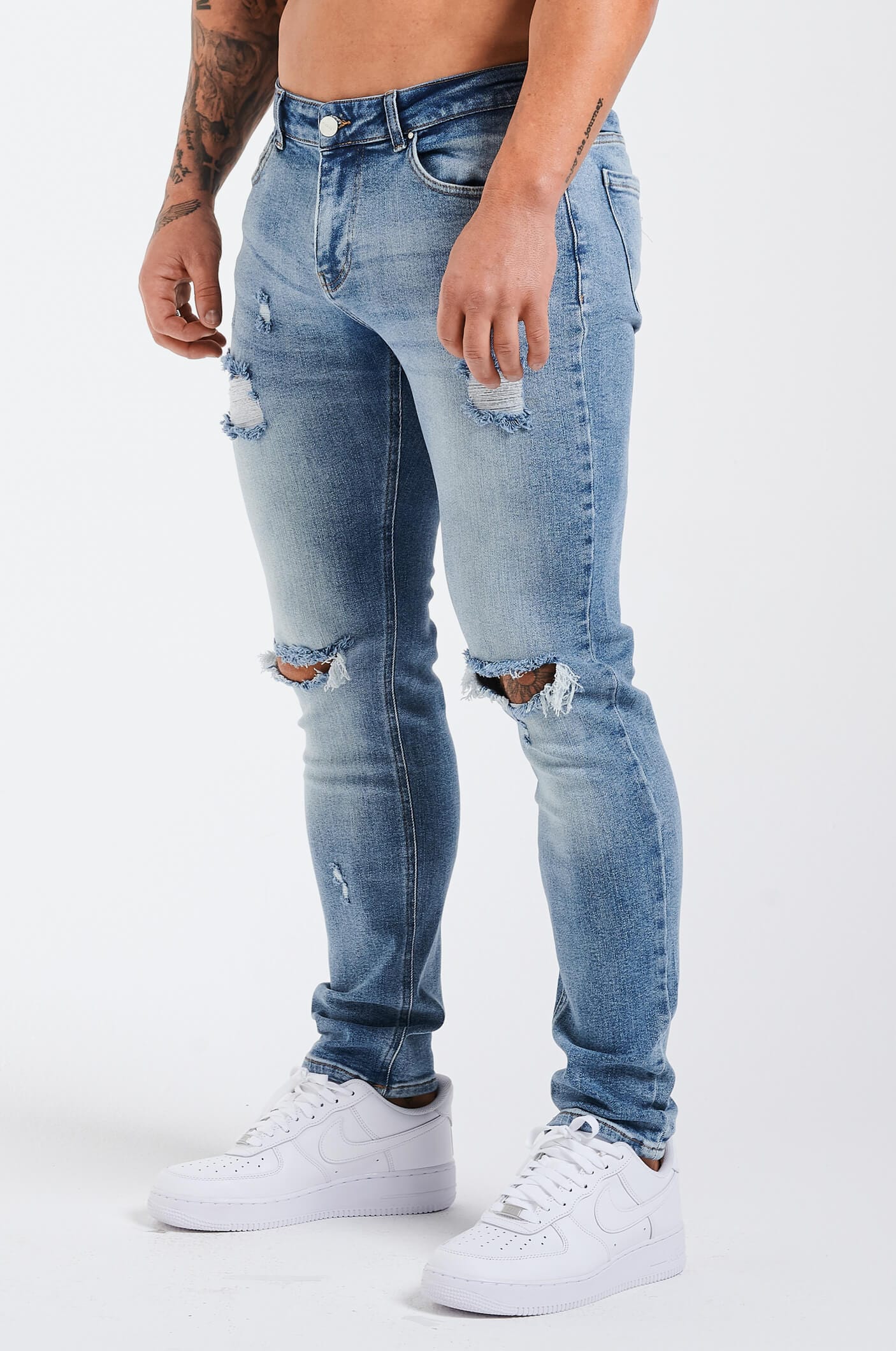 SKINNY FİT 2.0 YIRTIK VE ONARILMIŞ JEAN - ORTA MAVİ