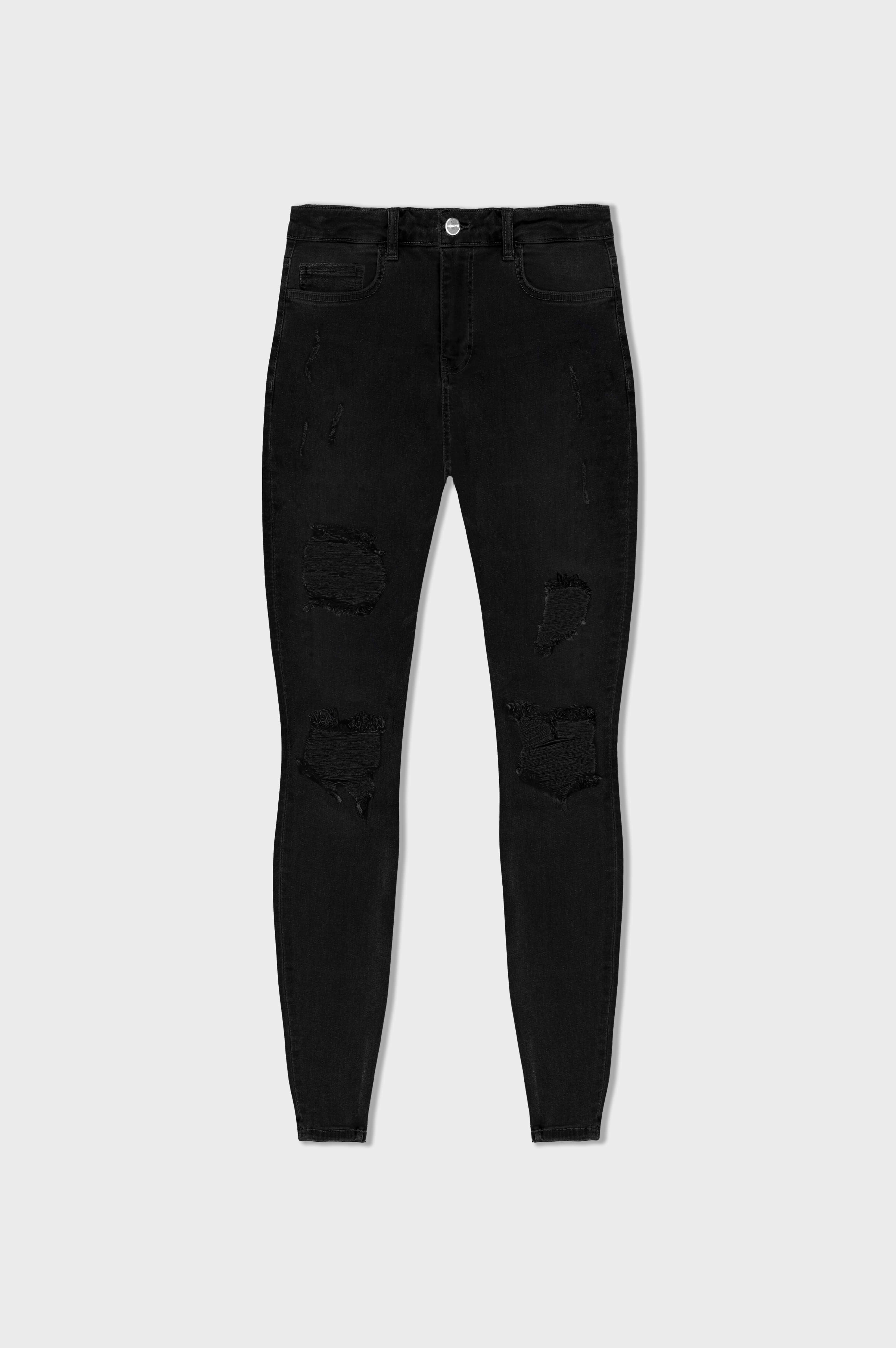 SKINNY FİT YIRTIK VE ONARILMIŞ JEAN - SİYAH