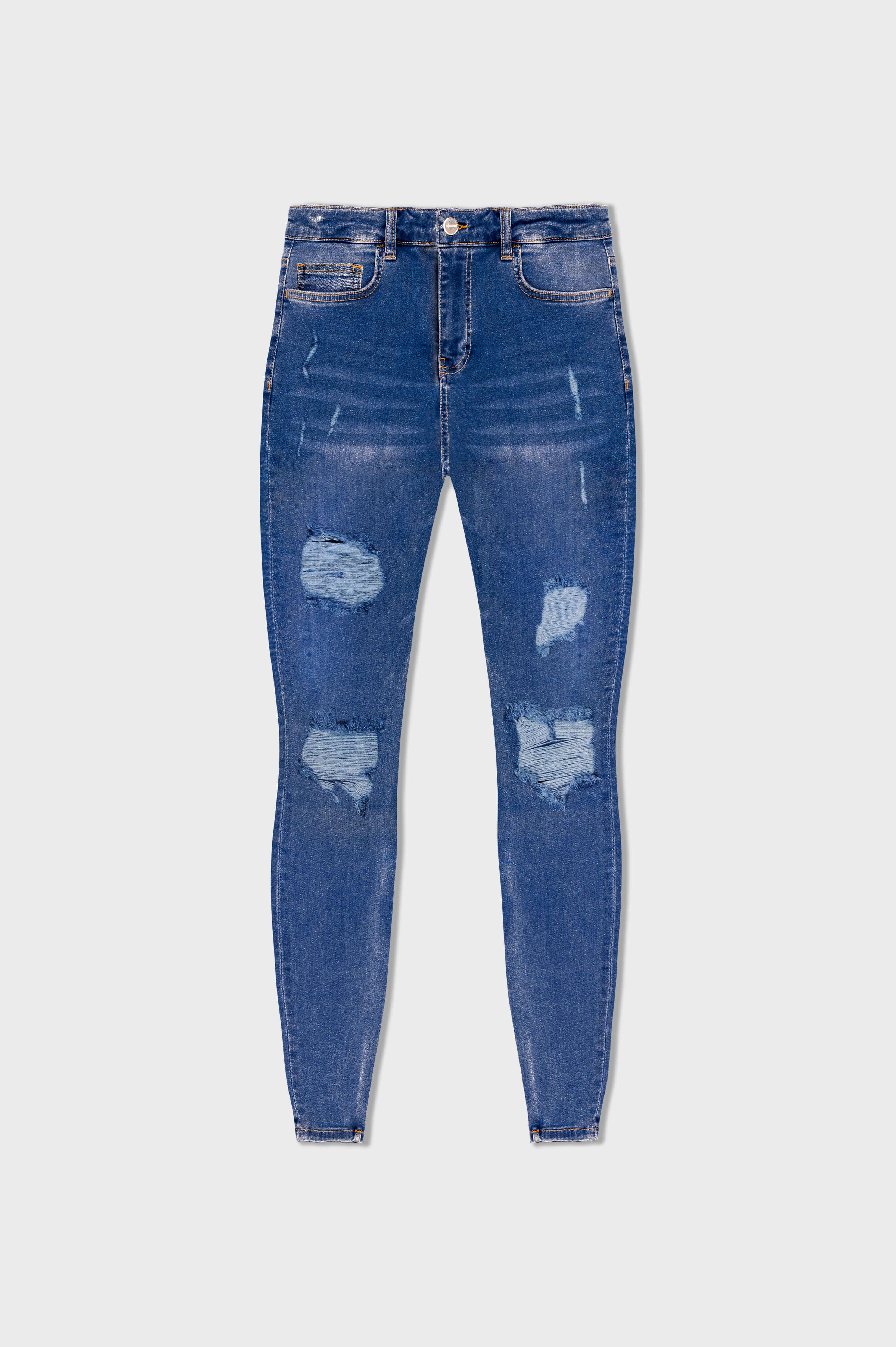 SKINNY FİT YIRTIK VE ONARILMIŞ JEAN  - KOYU MAVİ