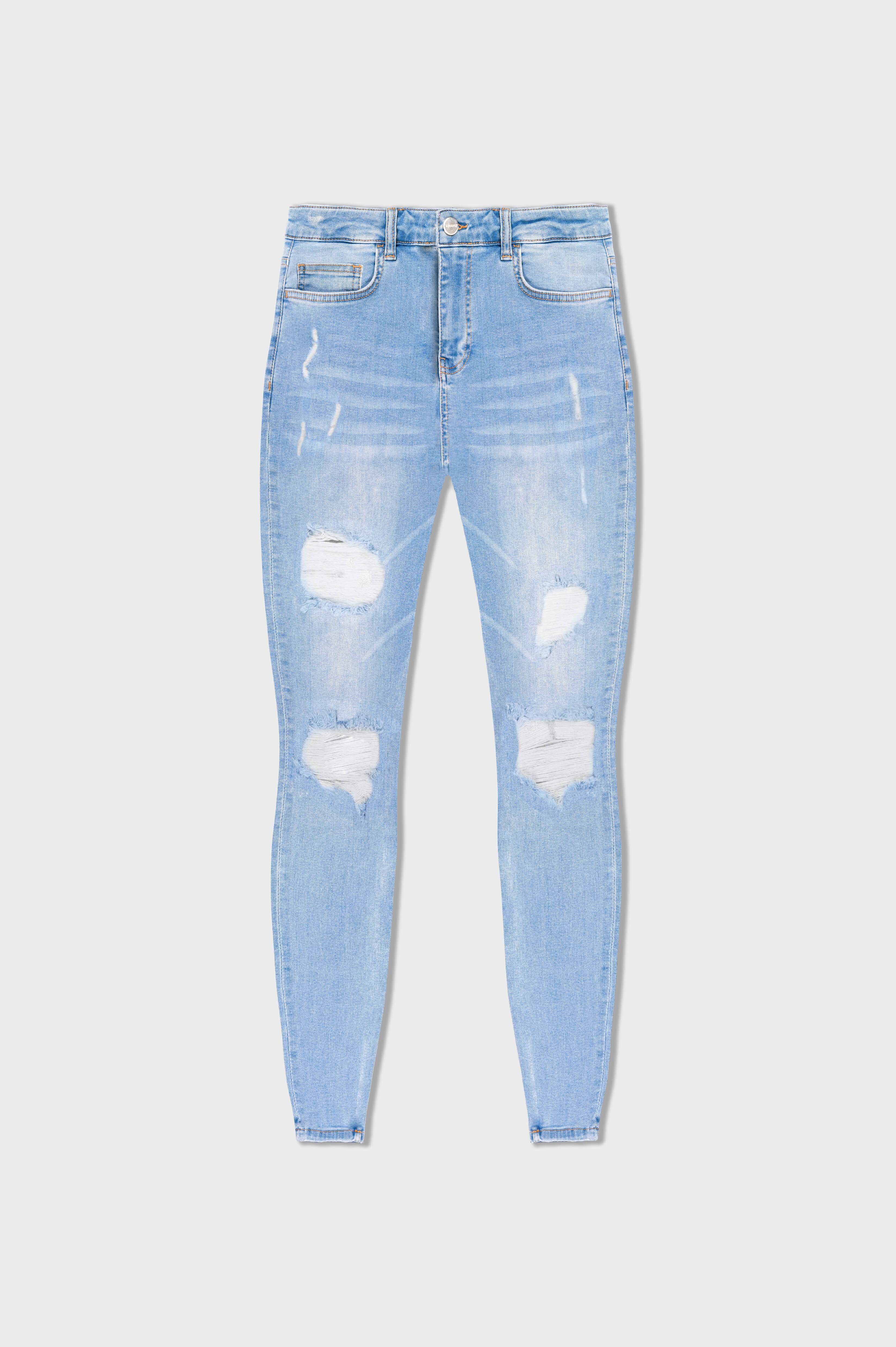 SKINNY FİT YIRTIK VE ONARILMIŞ JEAN - AÇIK MAVİ