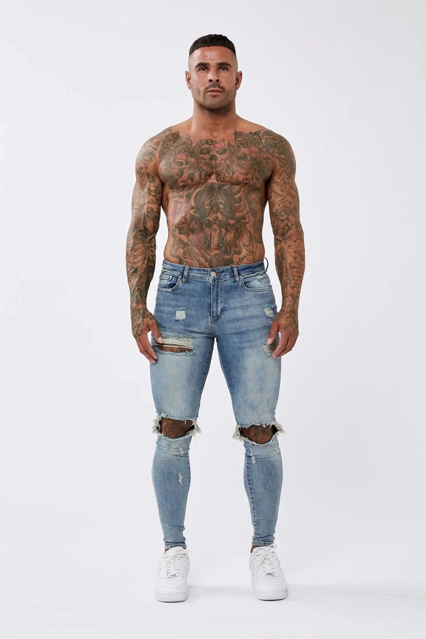 SKINNY FİT YIRTIK VE ONARILMIŞ JEAN  - YIKANMIŞ KOYU MAVİ
