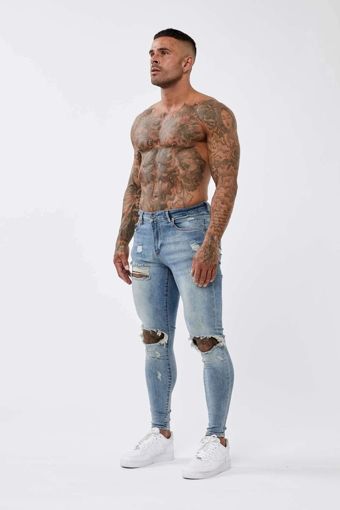 SKINNY FİT YIRTIK VE ONARILMIŞ JEAN  - YIKANMIŞ KOYU MAVİ