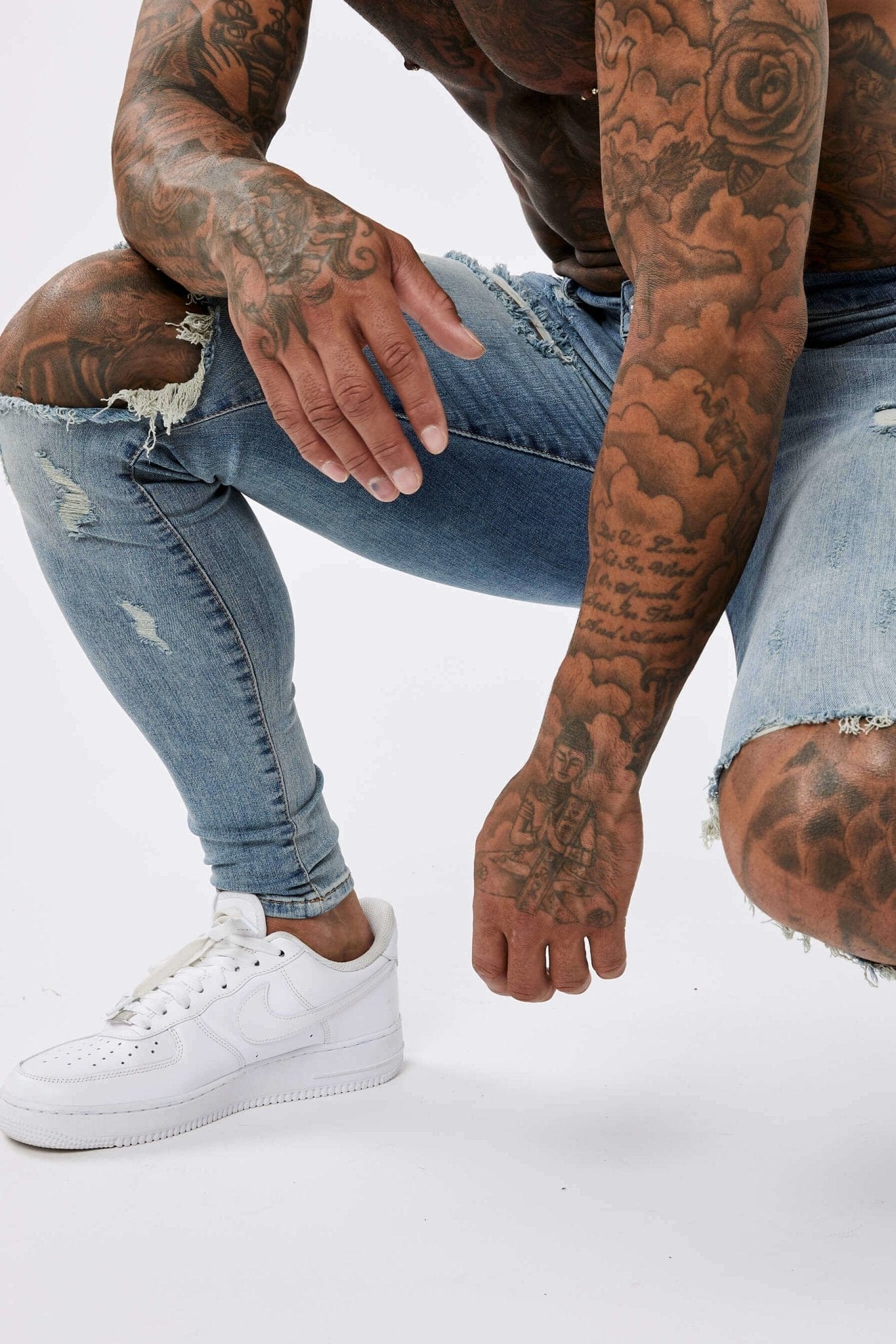 SKINNY FİT YIRTIK VE ONARILMIŞ JEAN  - YIKANMIŞ KOYU MAVİ
