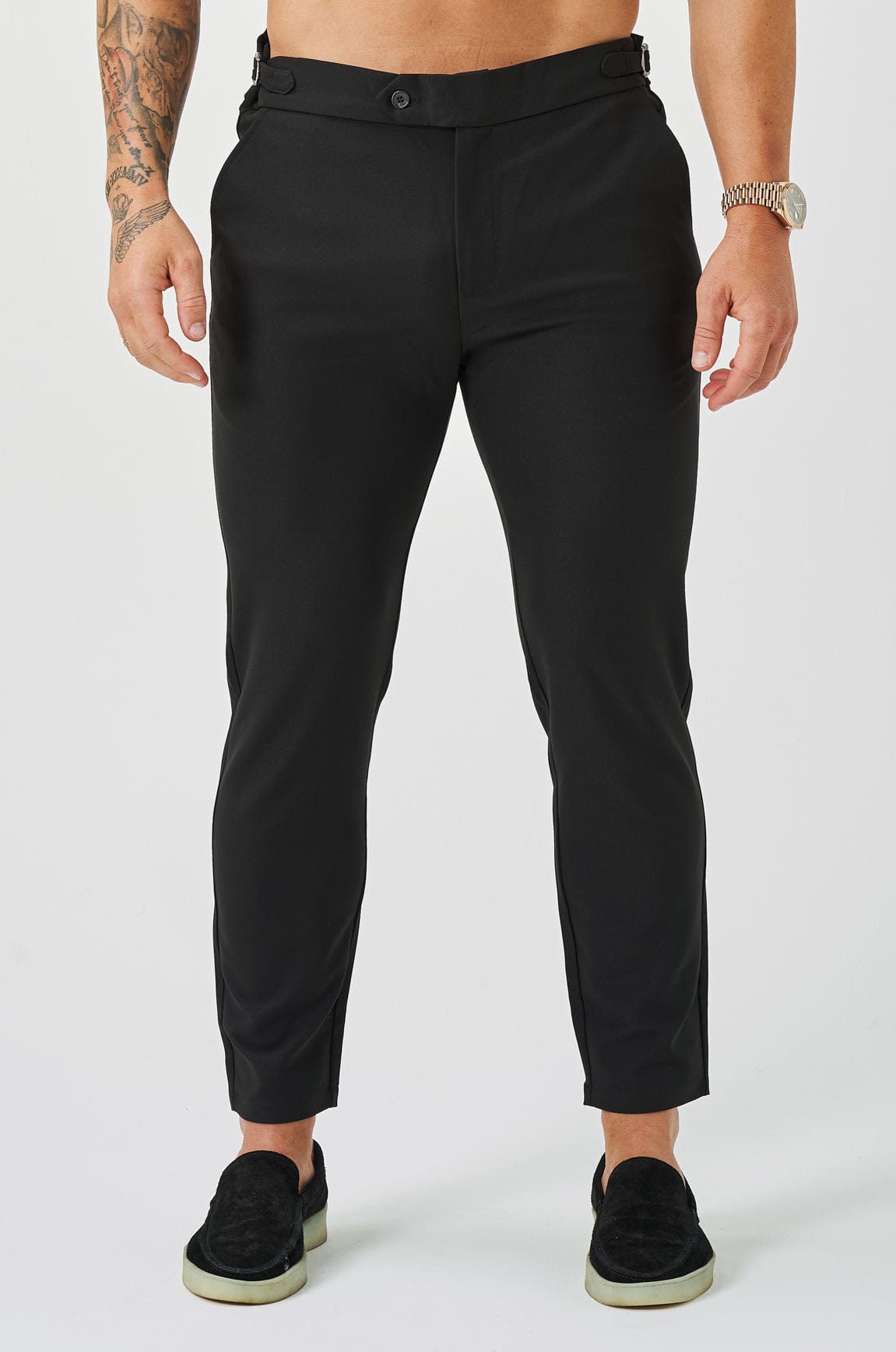 SLIM KESİM DÜZGÜN ESNEK PANTOLON YAN BÜZGÜLÜ - SİYAH