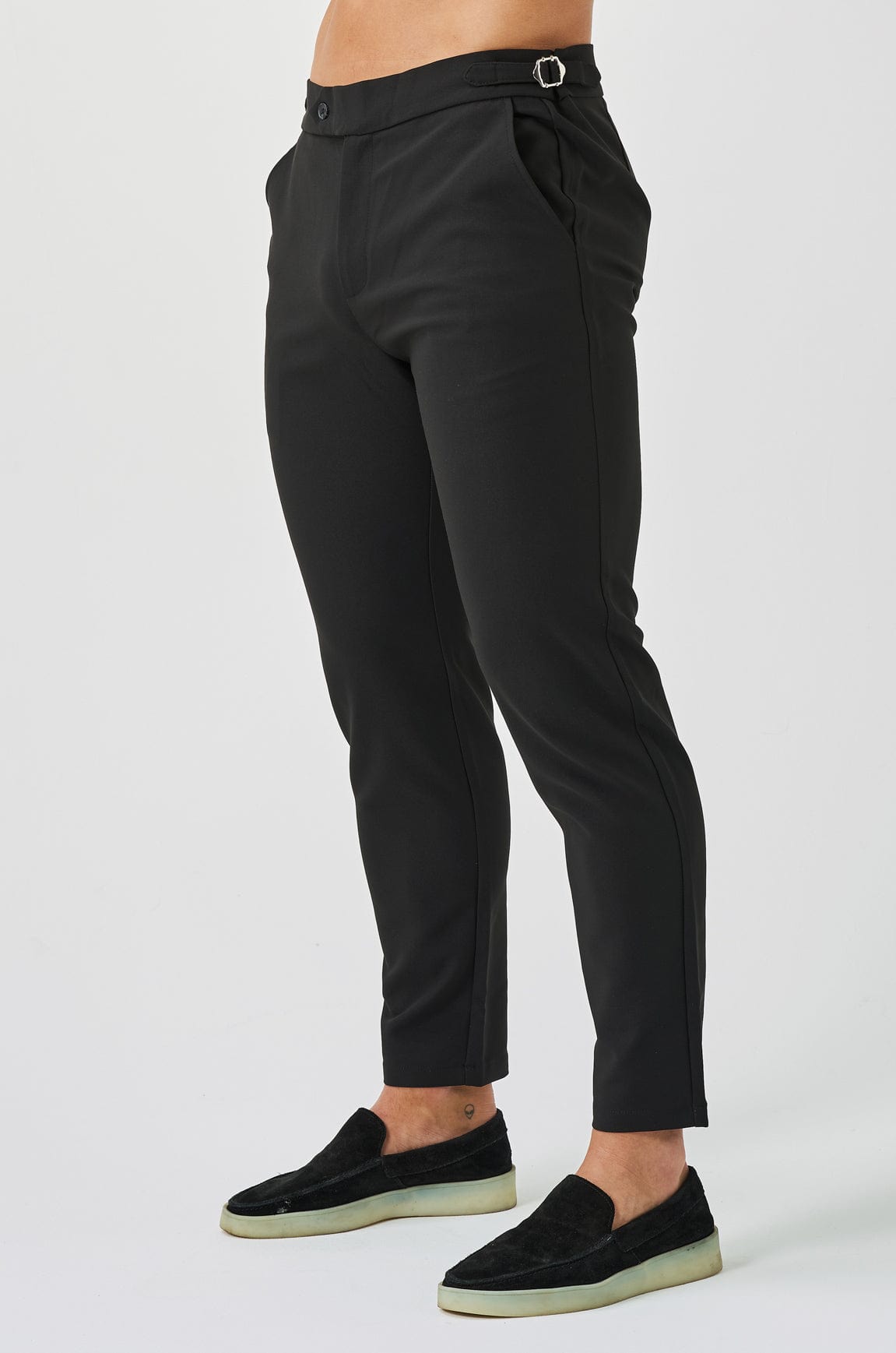 SLIM KESİM DÜZGÜN ESNEK PANTOLON YAN BÜZGÜLÜ - SİYAH