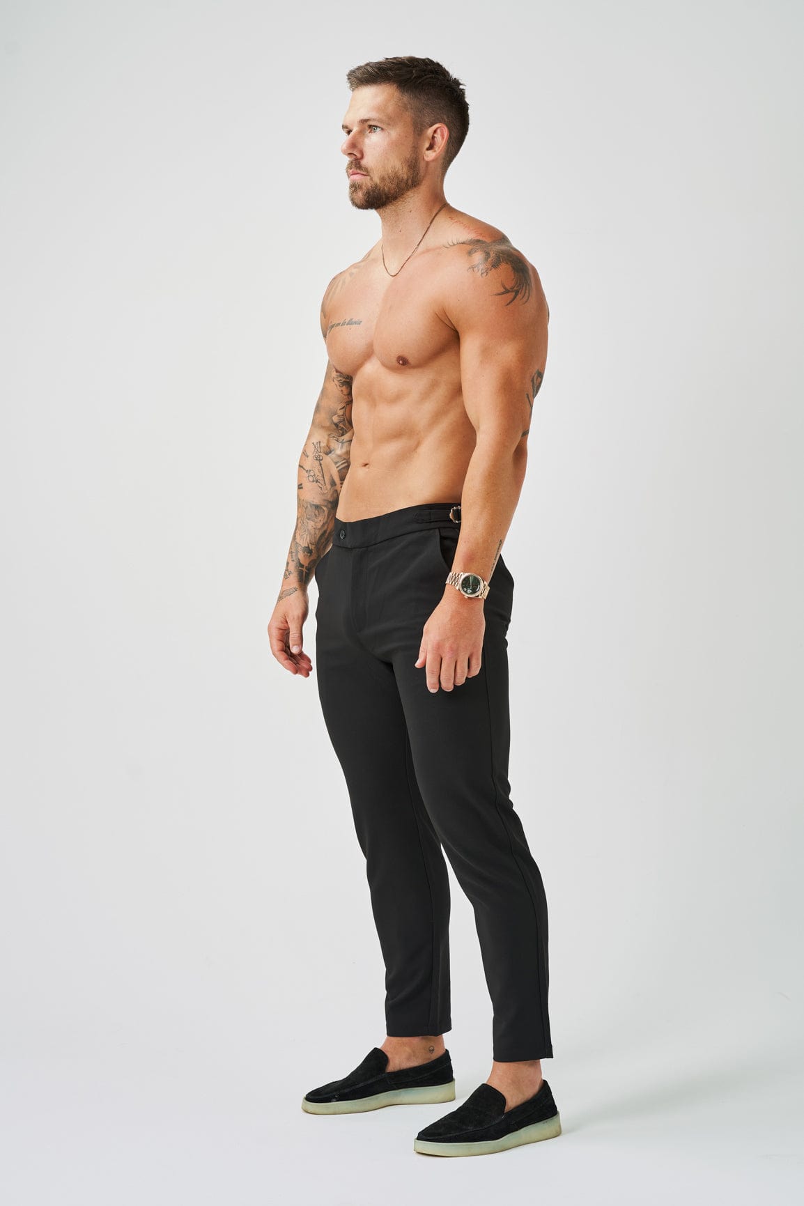 SLIM KESİM DÜZGÜN ESNEK PANTOLON YAN BÜZGÜLÜ - SİYAH